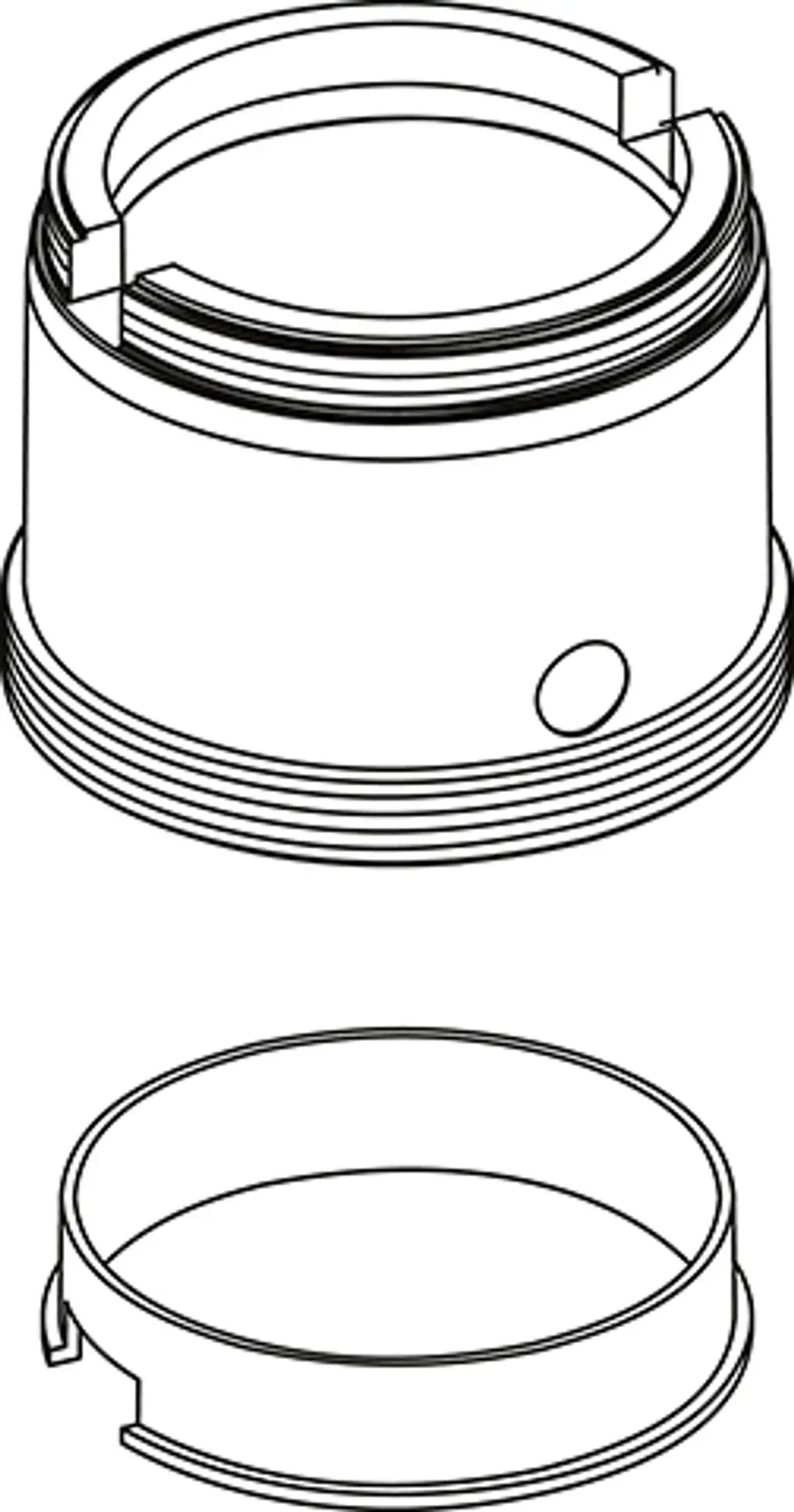 Zeichnung eines Gewinderinges mit Aussparungen und Gewindeprofil. Das Produkt gehört zur Marke Ideal Standard und zeigt verschiedene Ansichten des Rings.